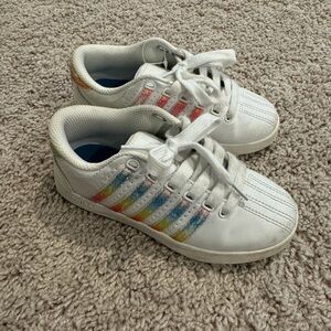 Girls white & rainbow stripe K Swiss shoes